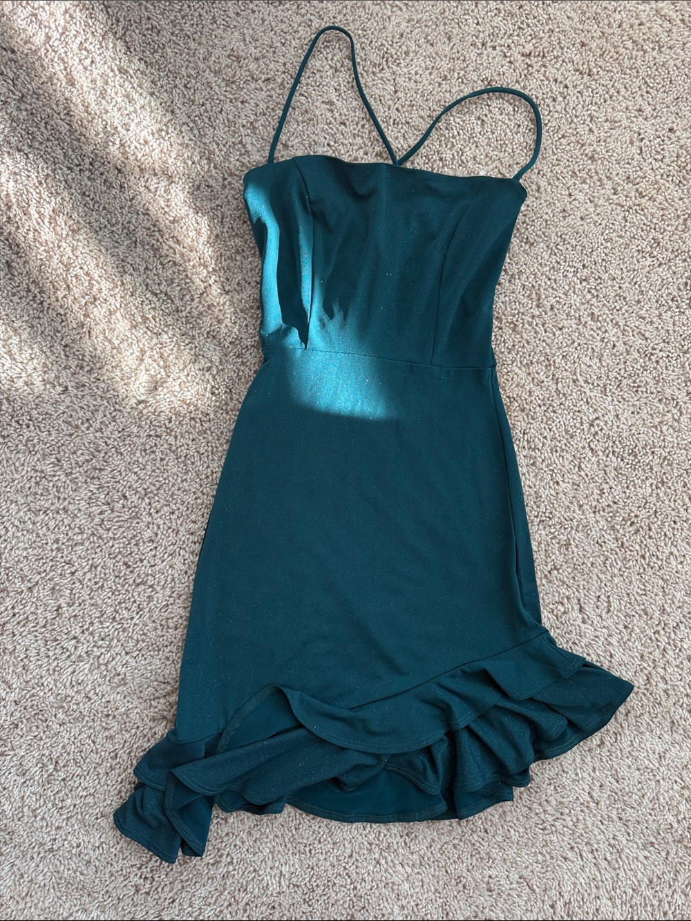 Hunter Teal Spaghetti Strap Ruffle-Hem Mini Dress